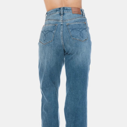 Judy Blue Women's Tummy Control Raw Hem Straight Jeans-Trendsi - Solazura Boutique