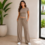Khaki fitted top and wide-leg pants set for women