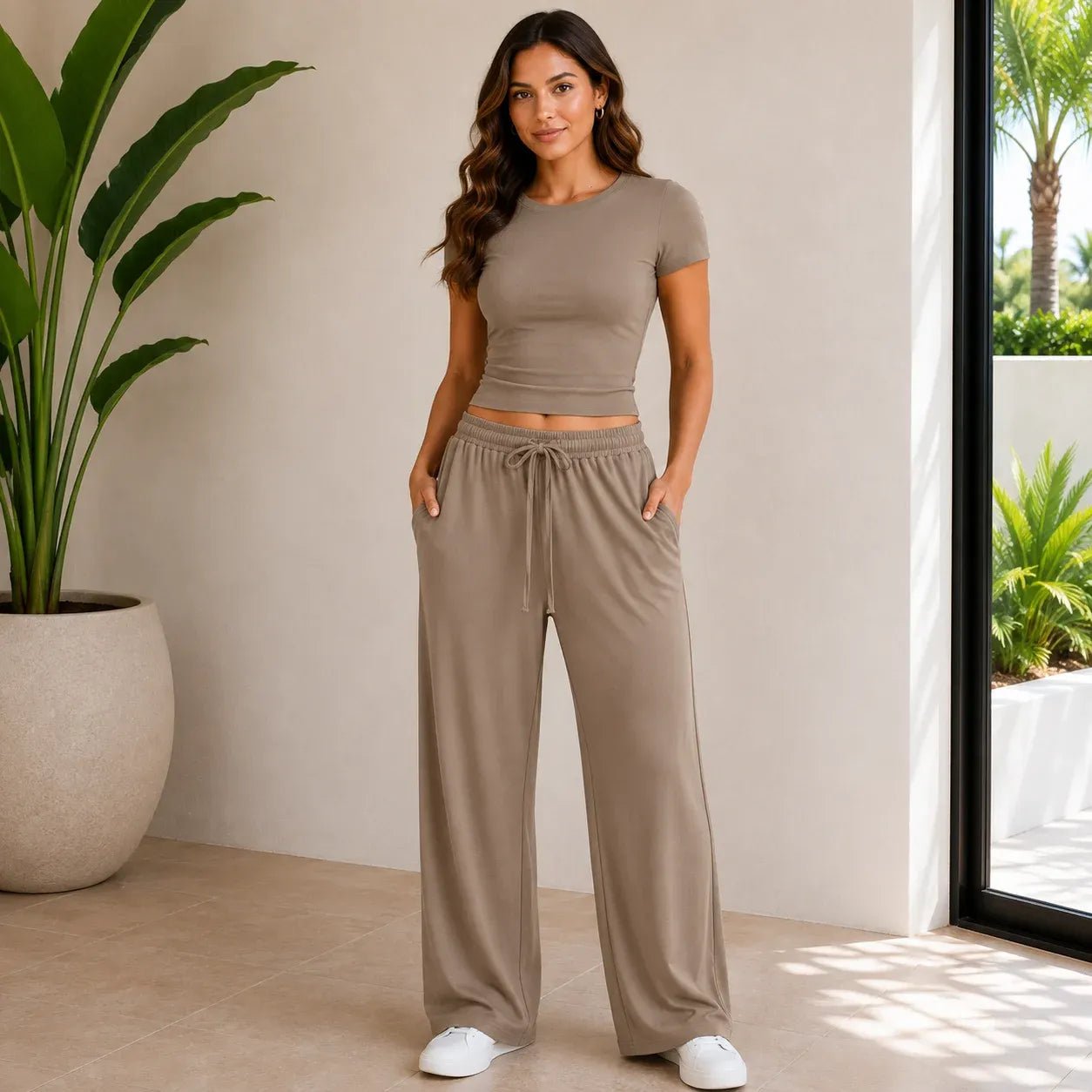 Khaki fitted top and wide-leg pants set for women