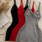 Three-piece lace trim split hem chemise set in black, red, and gray featuring elegant lace trim.