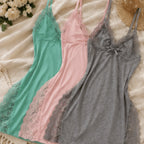 Three-piece lace trim split hem chemise set in green, pink, and gray with feminine lace detailing.