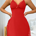 Women's red lace trim split hem chemise featuring delicate lace trim and a flattering fit.