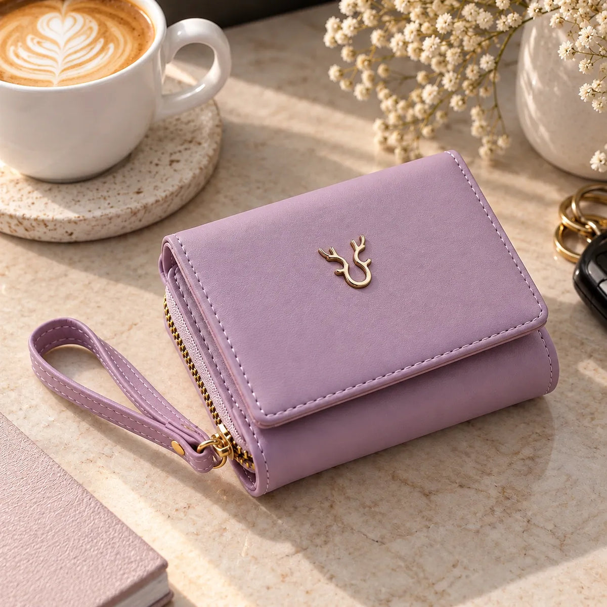 A lavender purple faux-leather wallet with a wrist strap and gold-tone hardware, styled on a marble surface next to a cup of latte and dried flowers.