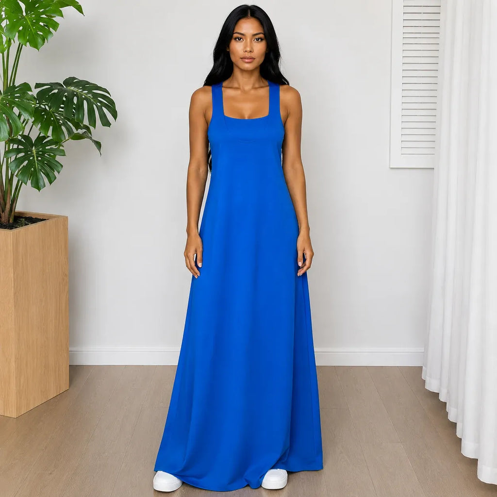 Woman wearing the Layered Sleeveless Maxi Dress Set in royal blue with a relaxed fit and elegant maxi length.