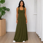 Woman wearing the Layered Sleeveless Maxi Dress Set in military green featuring a soft, flowy sleeveless maxi dress.