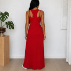 Back view of the red Layered Sleeveless Maxi Dress Set featuring a relaxed fit and full-length maxi dress.