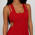 Close-up of the red Layered Sleeveless Maxi Dress Set highlighting the layered sleeveless neckline and soft knit fabric.