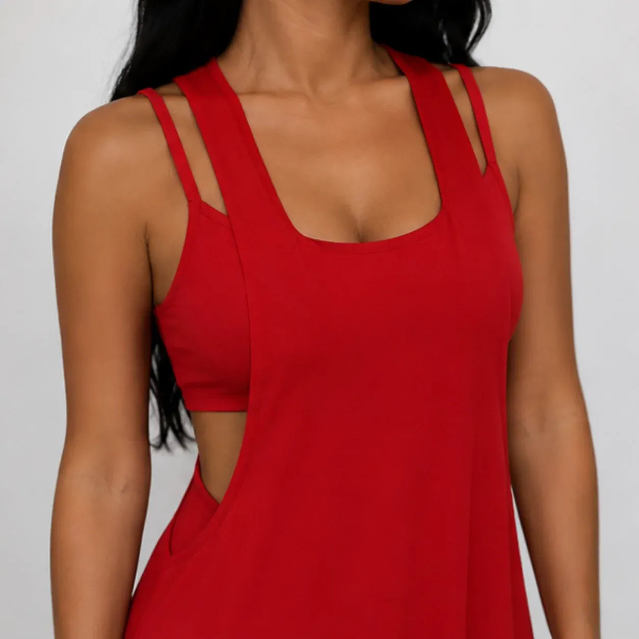 Close-up of the red Layered Sleeveless Maxi Dress Set highlighting the layered sleeveless neckline and soft knit fabric.