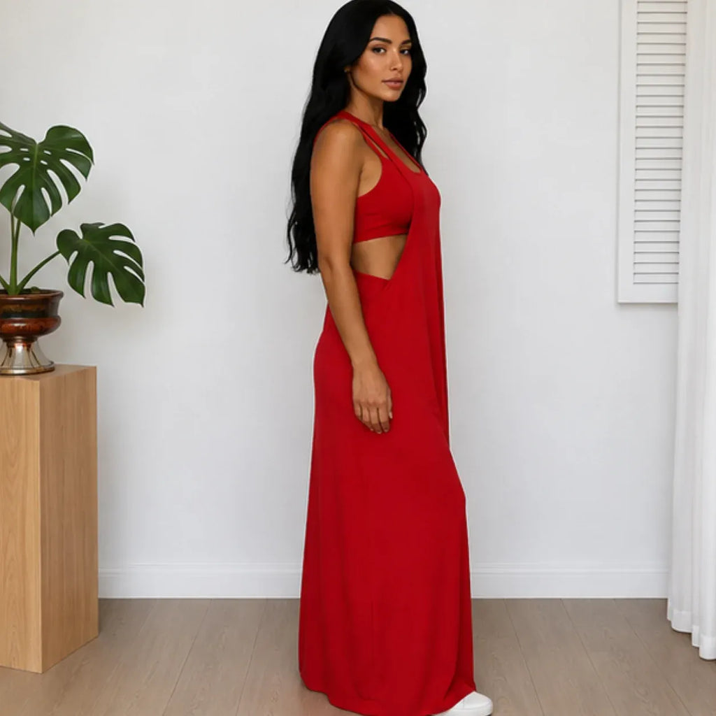 Side view of the red Layered Sleeveless Maxi Dress Set showing the sleeveless layered design and flowing maxi silhouette.