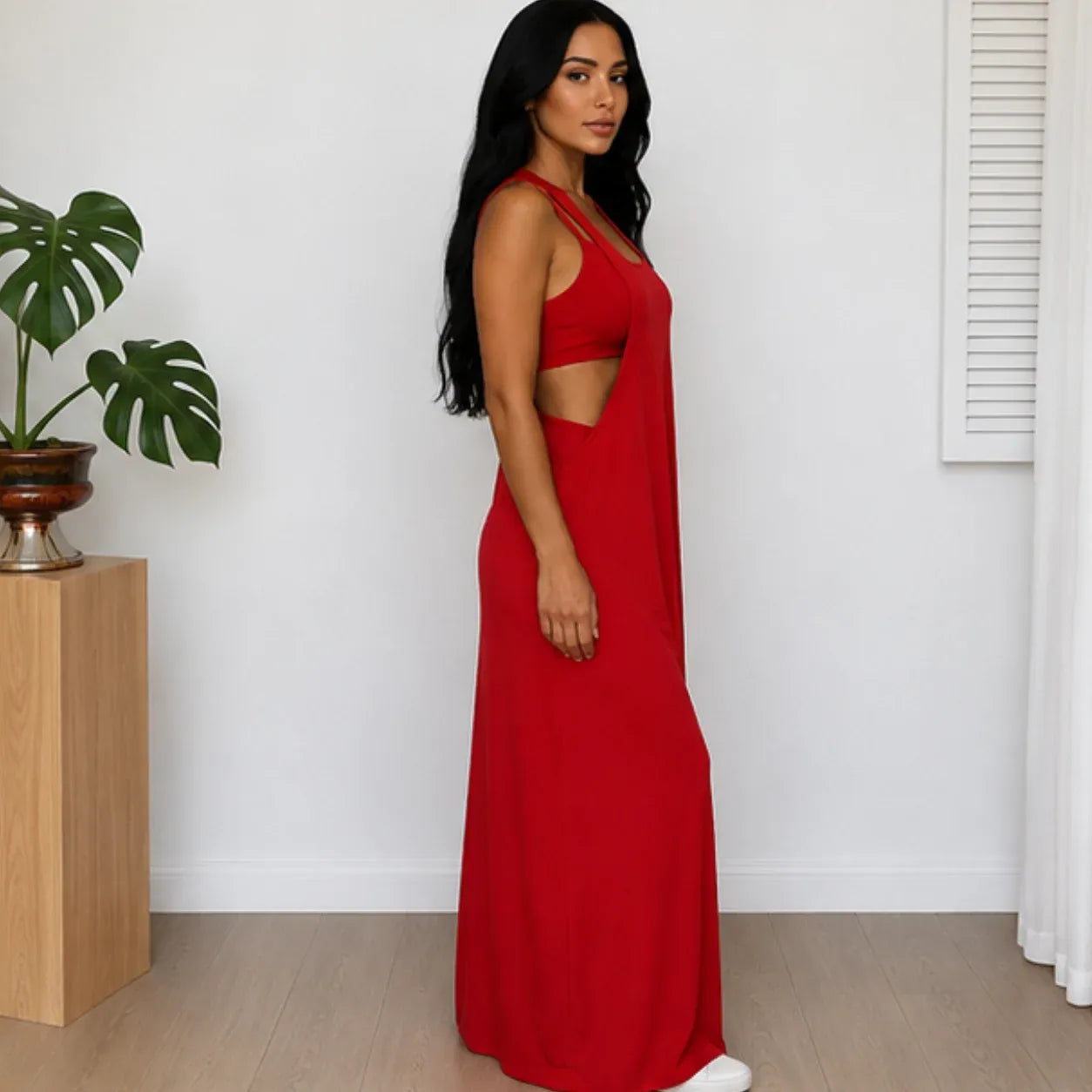 Side view of the red Layered Sleeveless Maxi Dress Set showing the sleeveless layered design and flowing maxi silhouette.