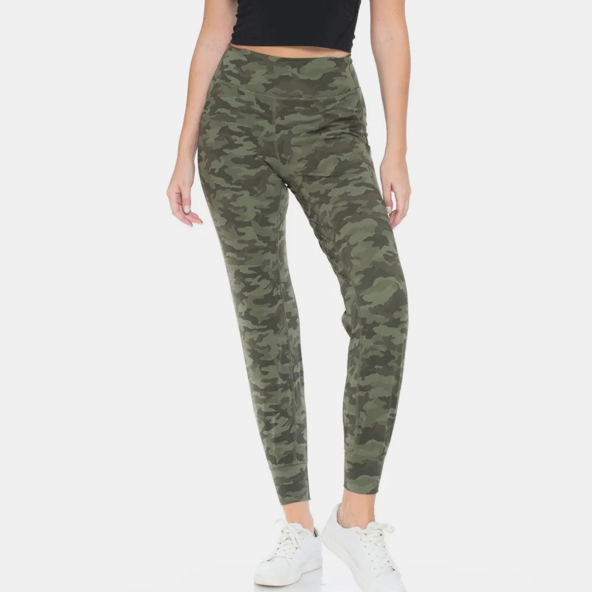 Leggings Depot high-waist camouflage leggings in a classic green and brown camo print.