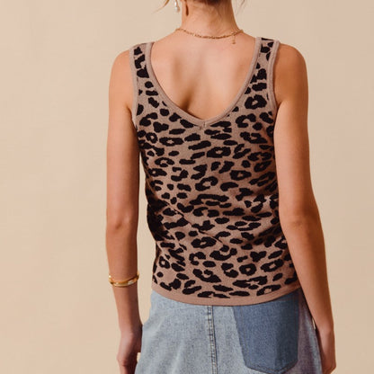 Back view of the leopard knitted lightweight v-neck tank top showing the full animal print pattern