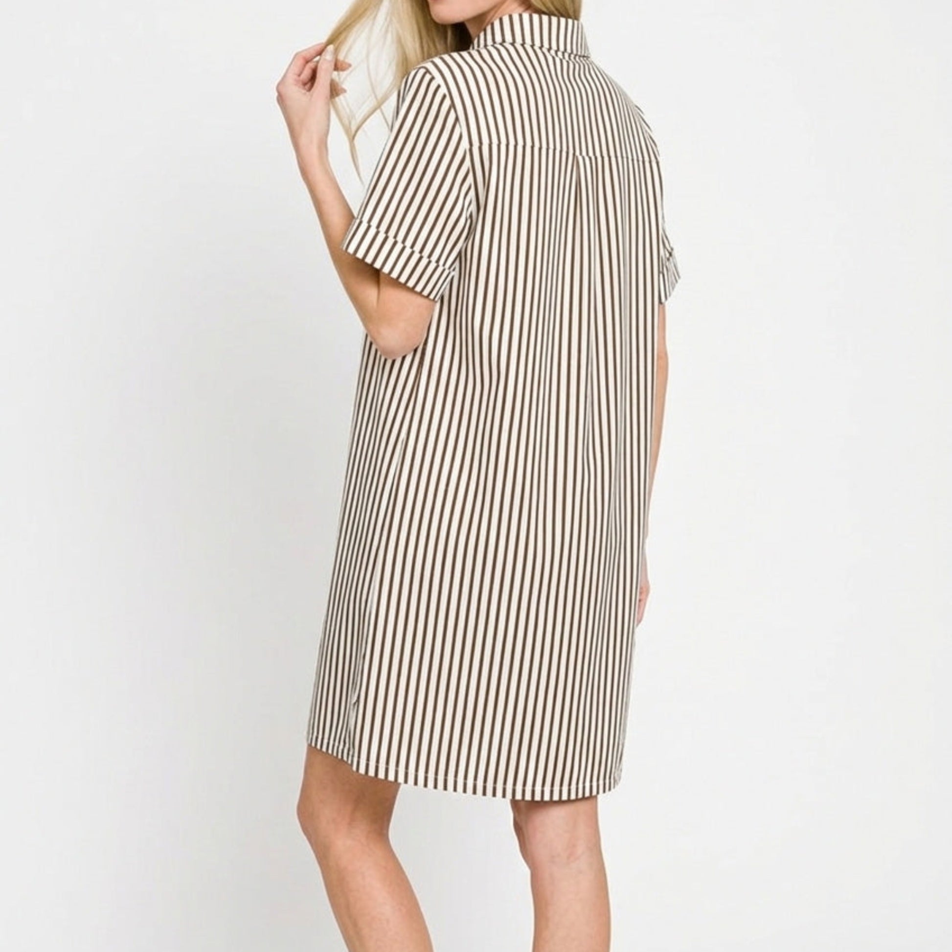 Lifestyle view of the Brown striped collared dress styled for a chic, natural coastal look.