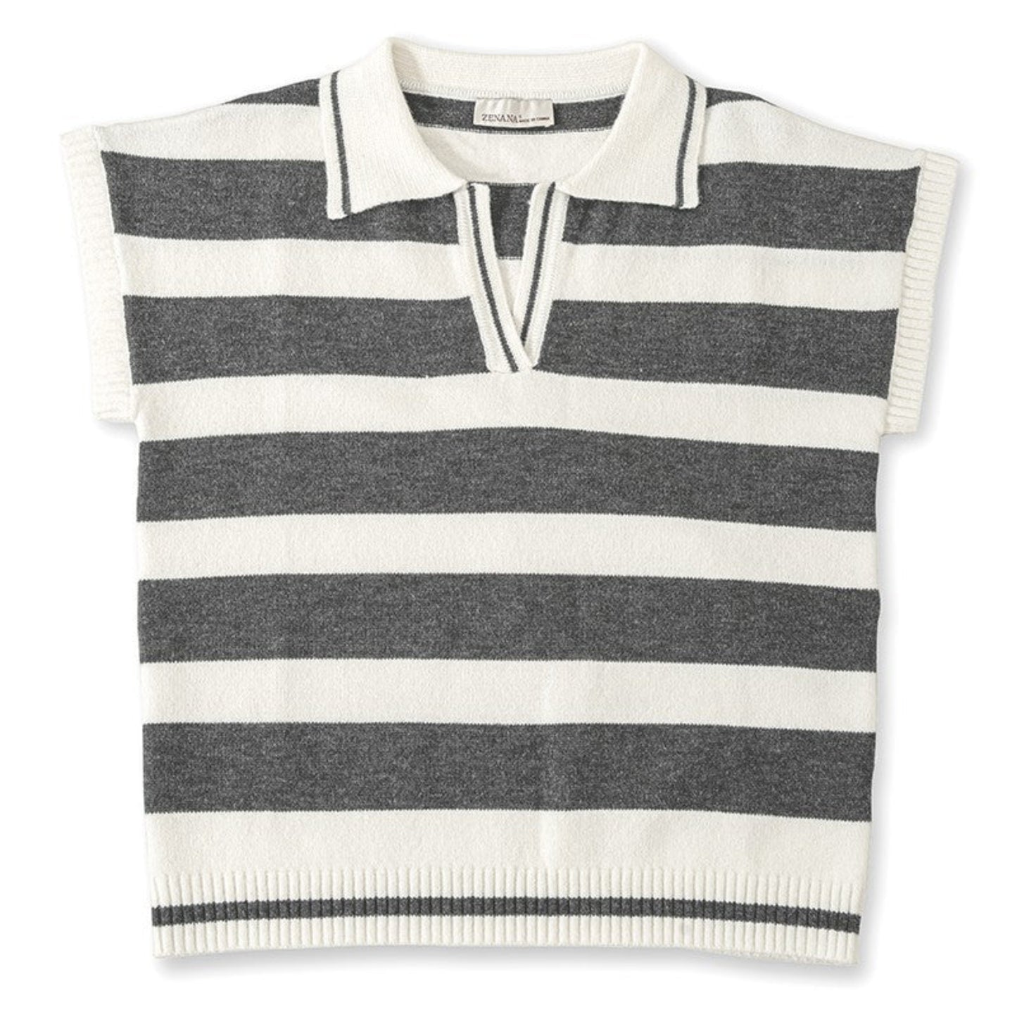 Lifestyle view of the Charcoal striped short sleeve sweater styled for a modern coastal look.