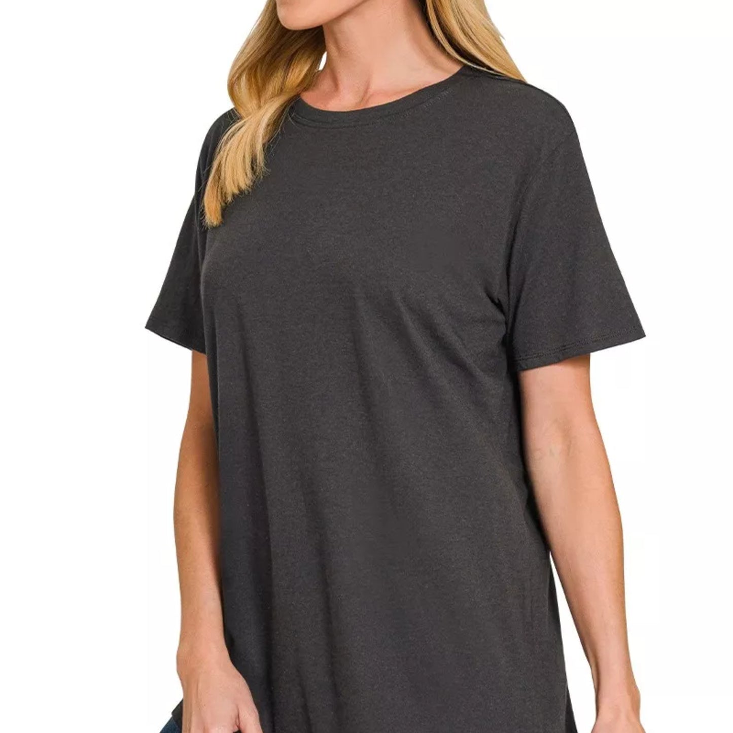 Side view of Zenana women's black cotton relaxed round neck tee.