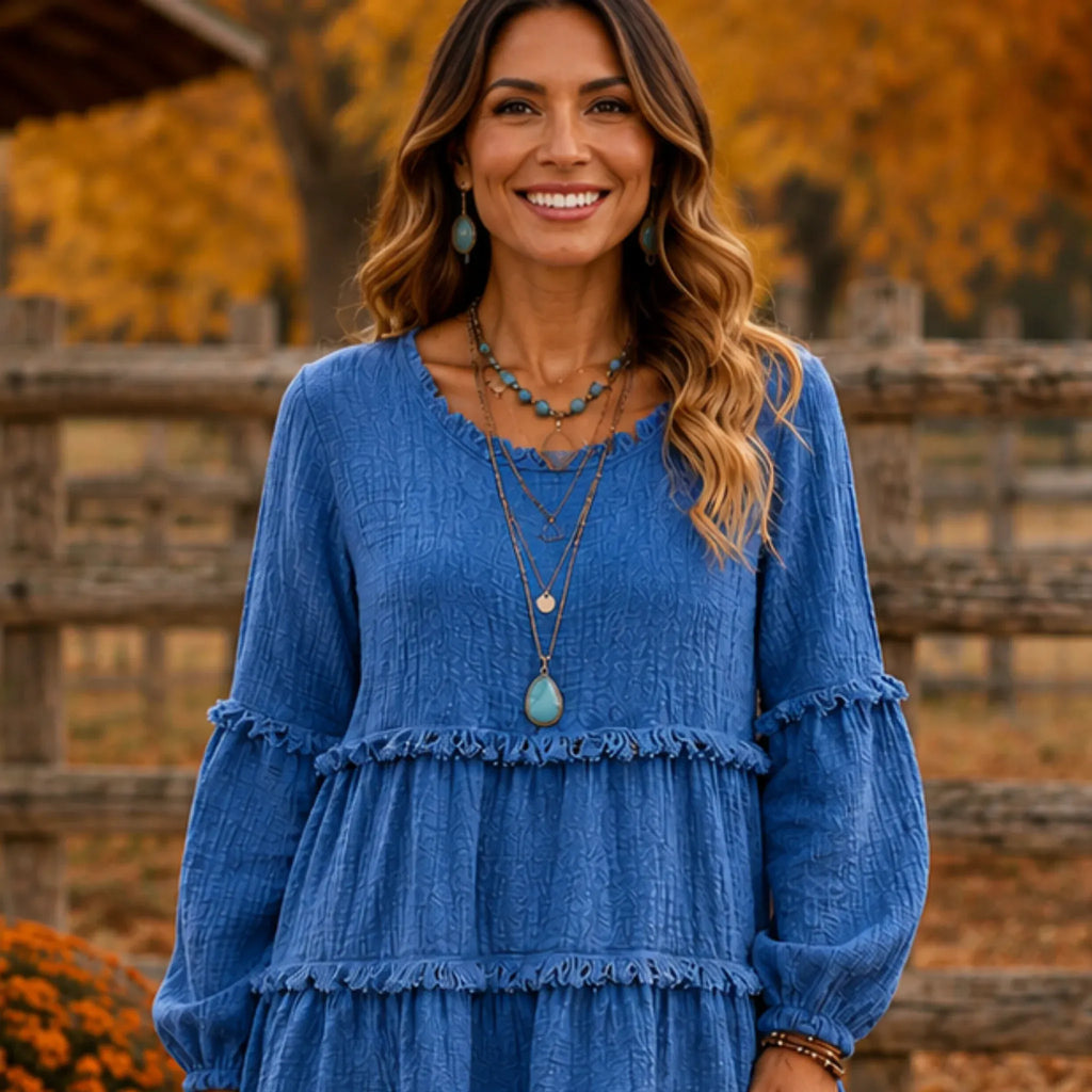 Women's Literary Retro Geometric Long Sleeve Top in Blue, front view featuring textured geometric fabric and a relaxed tiered silhouette.
