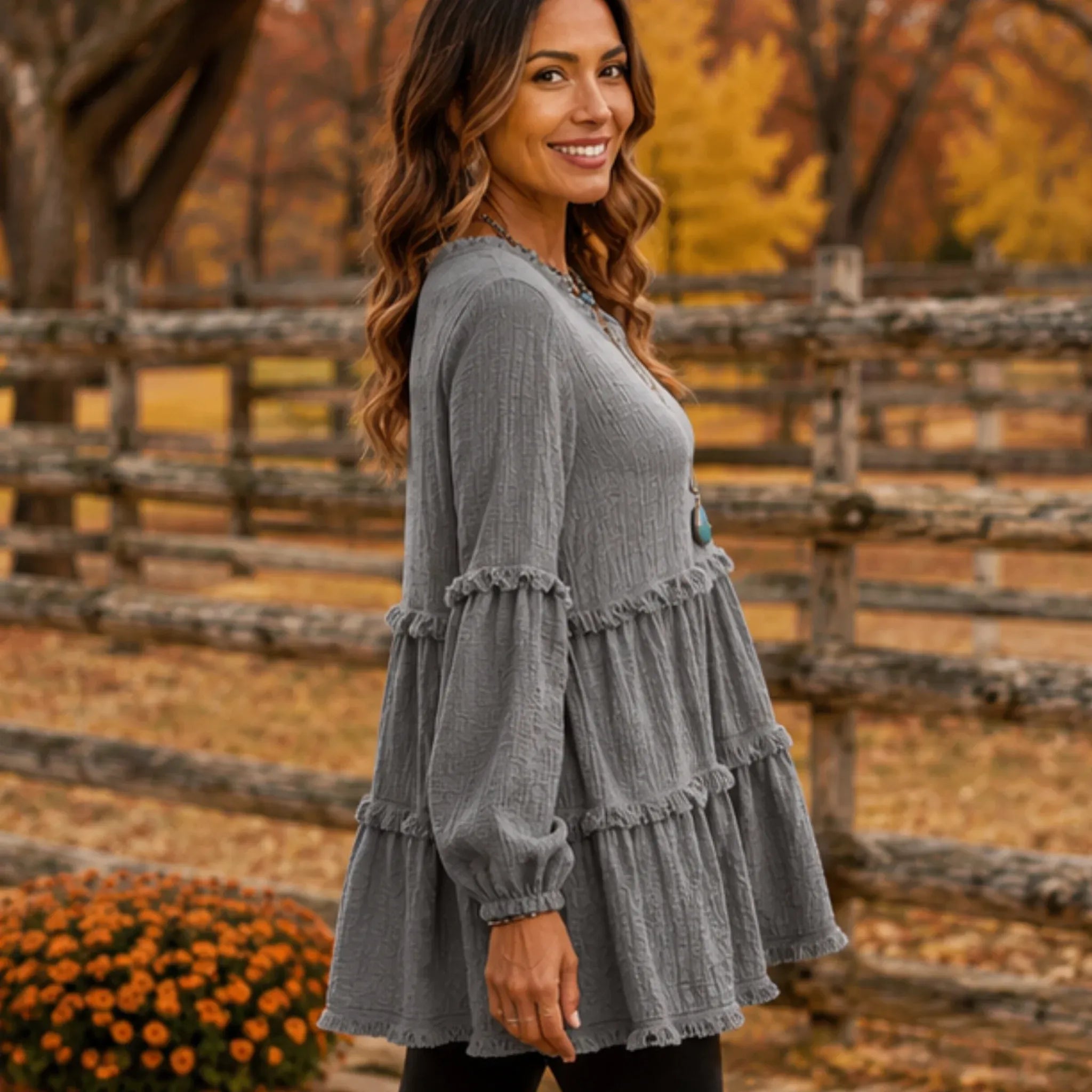 Women's Literary Retro Geometric Long Sleeve Top in Gray, front view featuring a relaxed tiered silhouette and textured geometric fabric.