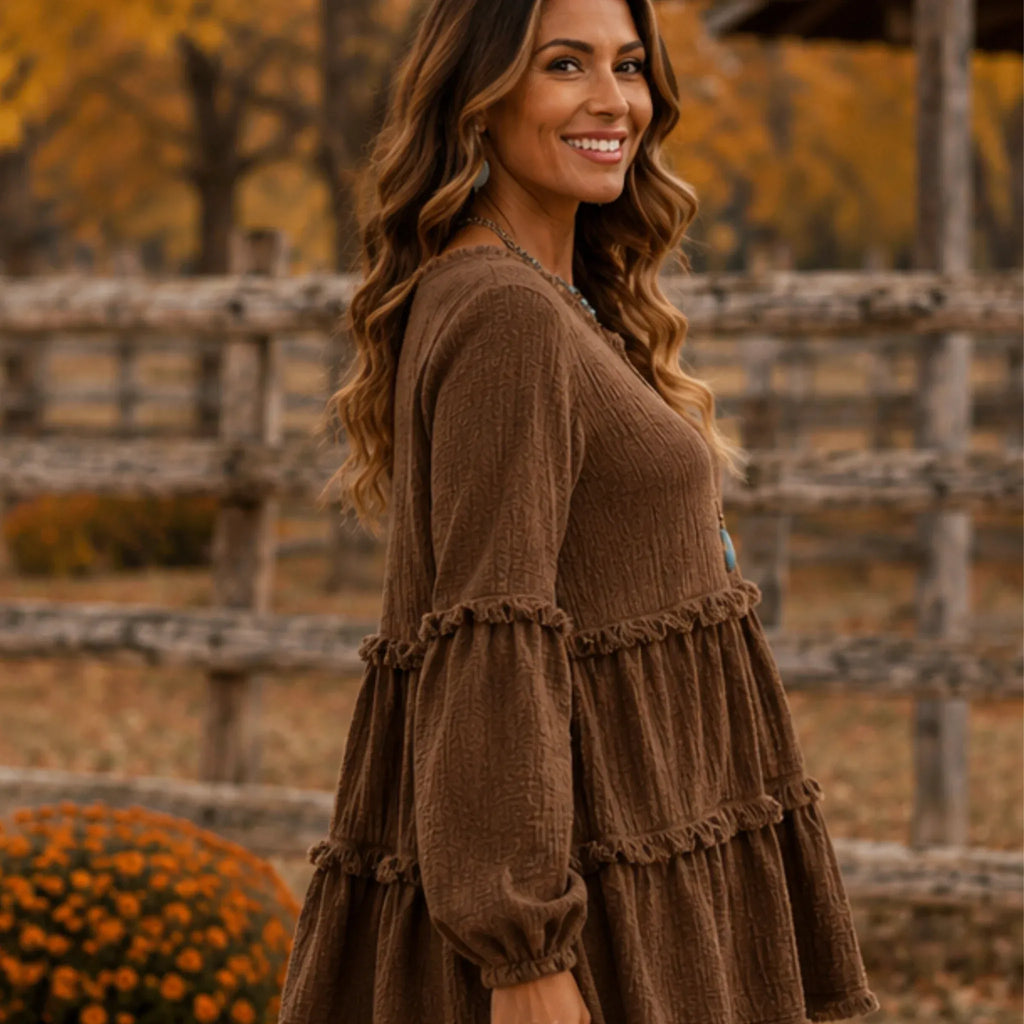 Women's Literary Retro Geometric Long Sleeve Top in Khaki, front view with textured geometric fabric and relaxed fit.