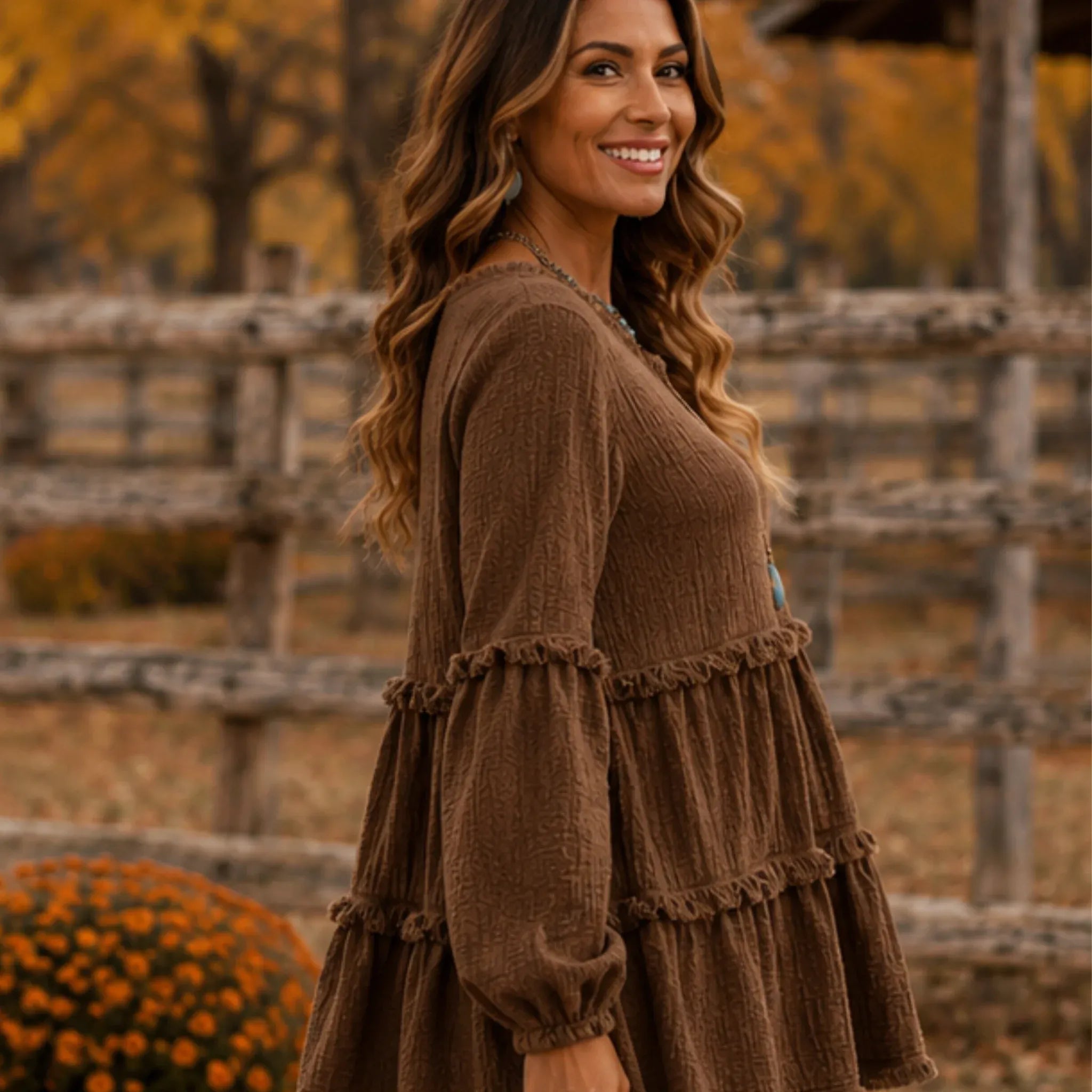 Women's Literary Retro Geometric Long Sleeve Top in Khaki, front view with textured geometric fabric and relaxed fit.
