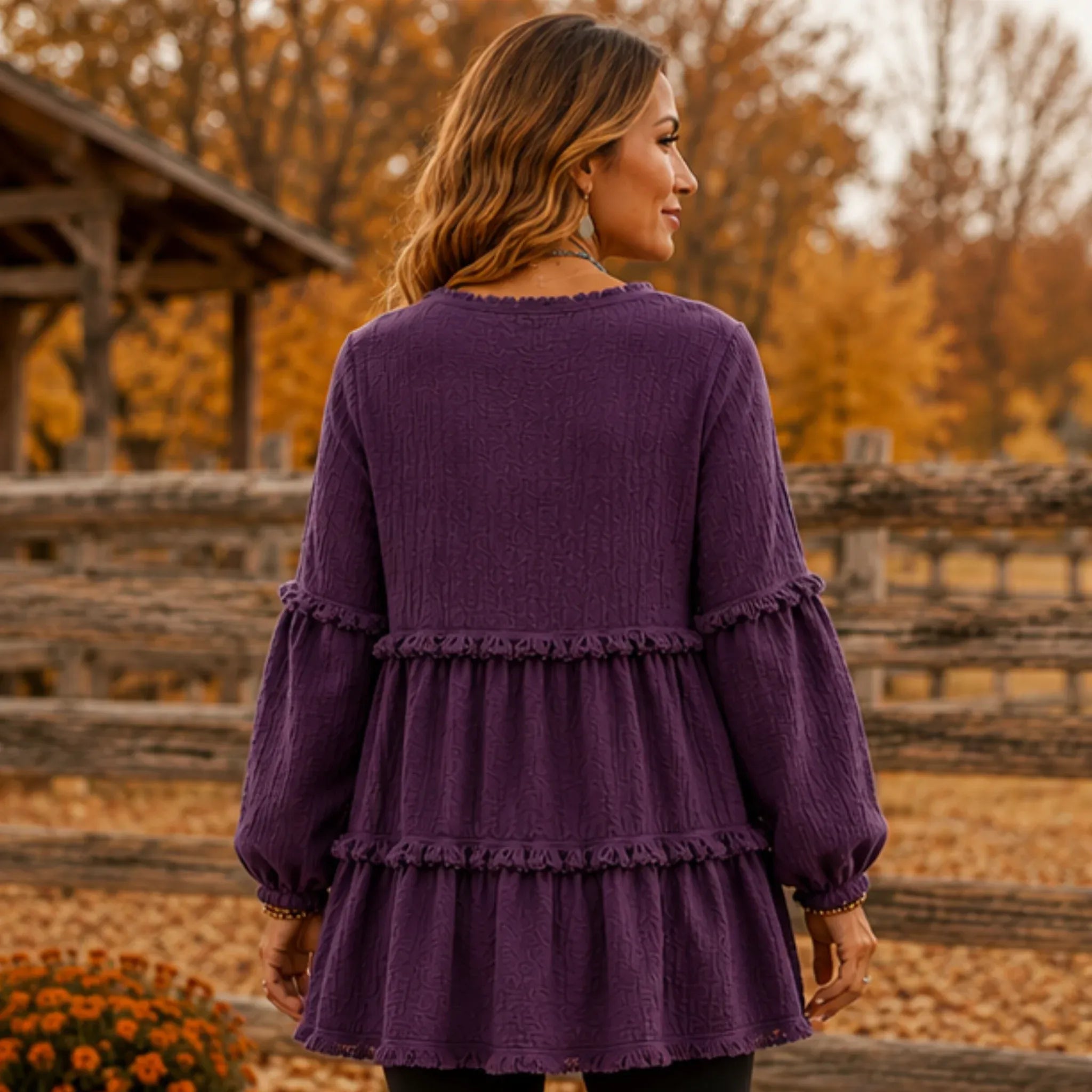 Women's Literary Retro Geometric Long Sleeve Top in Purple, back view showing the layered design and relaxed fit.