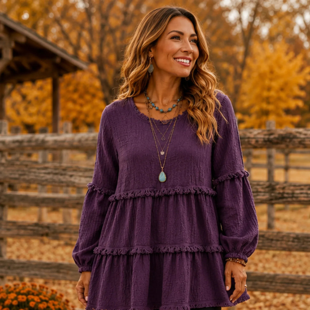 Women's Literary Retro Geometric Long Sleeve Top in Purple, front view featuring textured geometric fabric and a relaxed tiered silhouette.