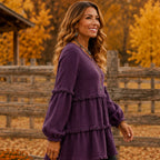 Women's Literary Retro Geometric Long Sleeve Top in Purple, side view highlighting the flowing fit and long sleeves.