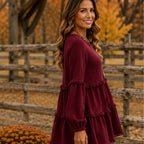 Women's Literary Retro Geometric Long Sleeve Top in wine red, front view featuring textured fabric and tiered ruffle details.
