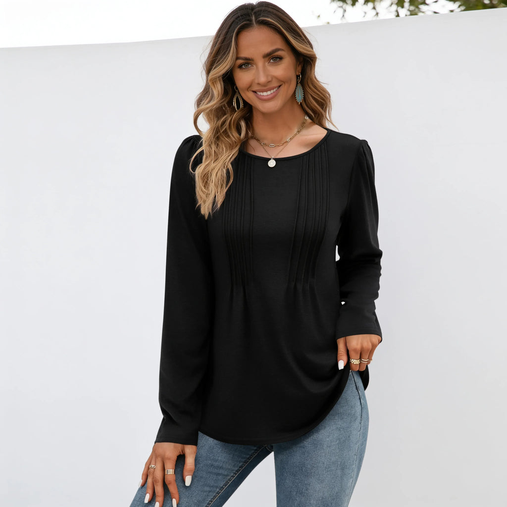 Women's black long sleeve crew neck essential top featuring pleated front accents and a flattering relaxed silhouette.