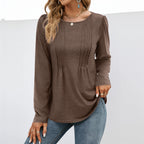 Women's coffee long sleeve crew neck essential top with pleated front detailing and a relaxed casual fit.