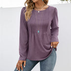 Women's purple long sleeve crew neck essential top featuring pleated front detailing and a relaxed everyday fit.