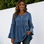 Women's blue long sleeve lace trim top featuring a pleated front, decorative buttons, ruffle bell sleeves, and a relaxed fit.