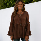 Women's coffee brown long sleeve lace trim top featuring a pleated front, lace trim accents, decorative buttons, and a loose, flowy silhouette.