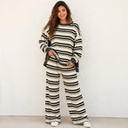 Long-sleeve black striped knit top and wide-leg pants set for women