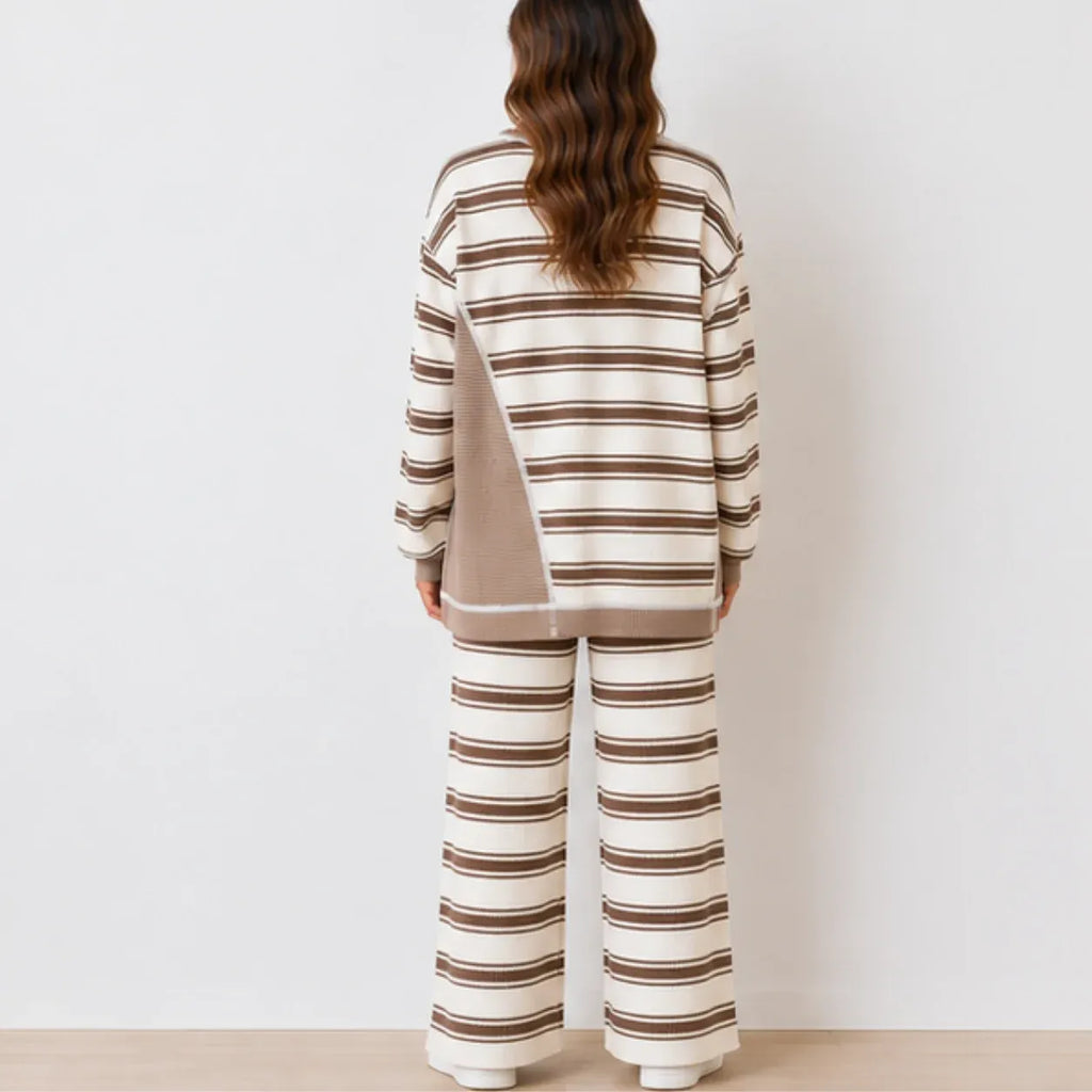 Back view of brown striped long-sleeve knit top and wide-leg pants set