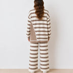 Back view of brown striped long-sleeve knit top and wide-leg pants set