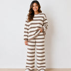 Brown striped long-sleeve knit top and wide-leg pants set for women