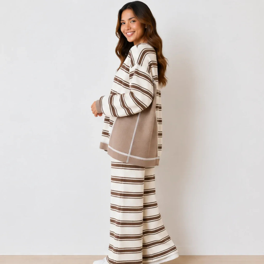 Side view of brown striped long-sleeve knit top and wide-leg pants set