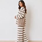 Side view of brown striped long-sleeve knit top and wide-leg pants set