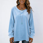 Women's light blue long sleeve velvet solid color top with relaxed fit and crew neckline.