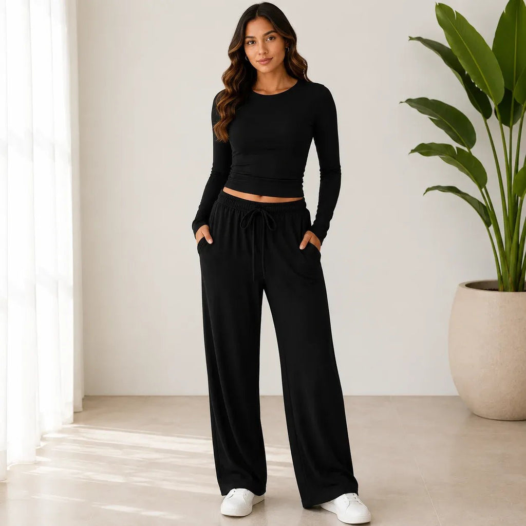 Women's black long-sleeve top and wide-leg pants two-piece set with relaxed fit