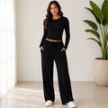 Women's black long-sleeve top and wide-leg pants two-piece set with relaxed fit