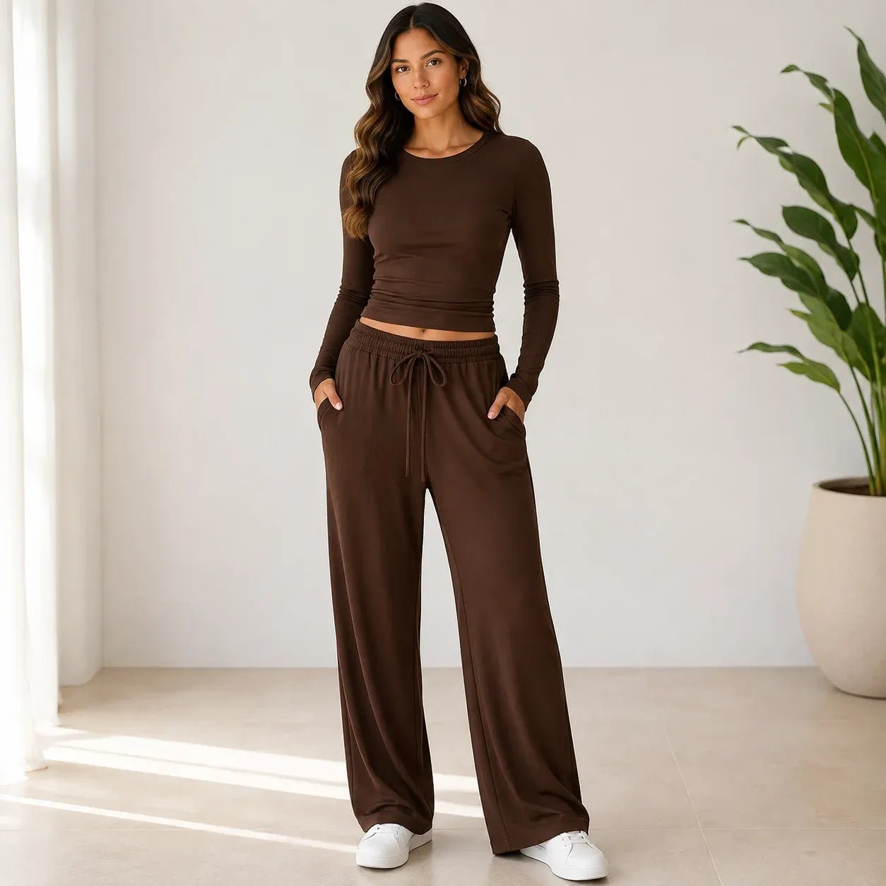 Women's brown long-sleeve top and wide-leg pants two-piece set with drawstring waist