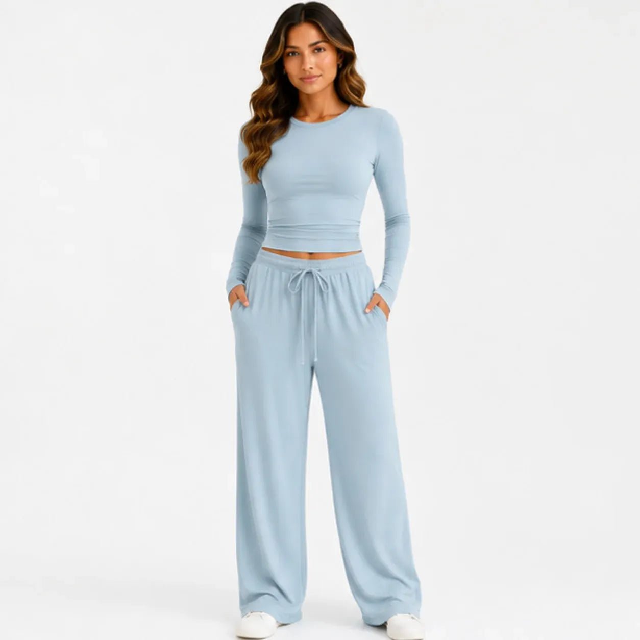 Women's light blue long-sleeve top and wide-leg pants two-piece set front view