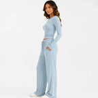 Women's light blue long-sleeve top and wide-leg pants two-piece set side view