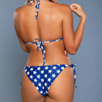 Women's Lyra American flag string bikini back view featuring adjustable neck and back ties with patriotic star-print tie-side bikini bottoms.