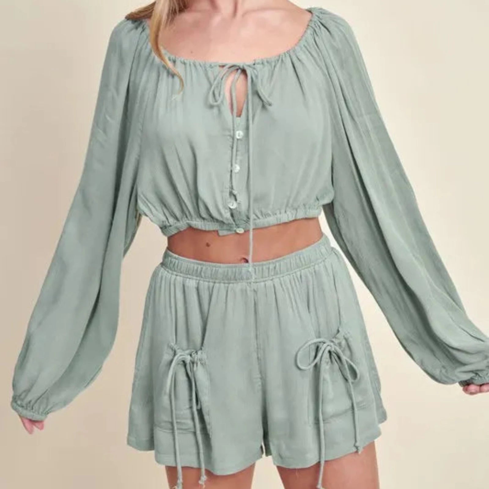 MABLE Gauze Long Sleeve Button Crop Top & Short Set - Dusty Sage-Trendsi - Solazura Boutique