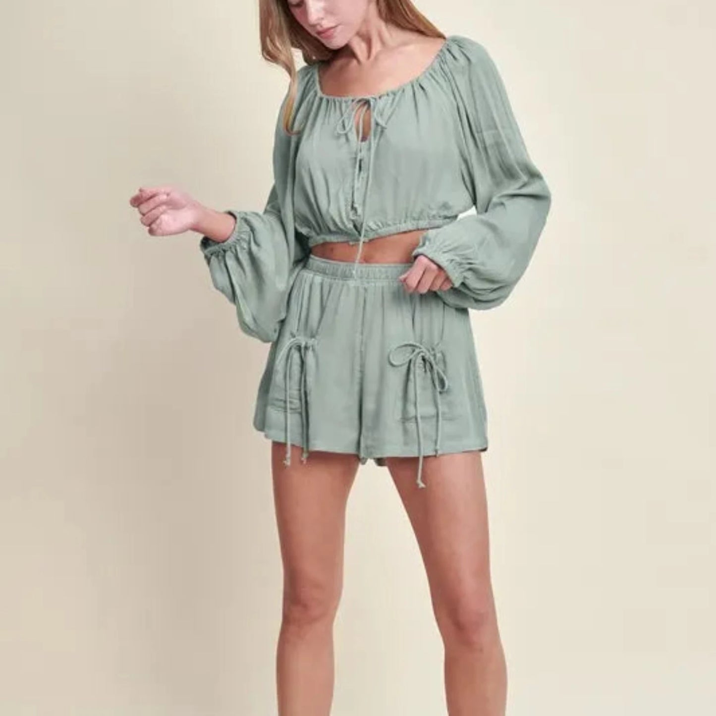 MABLE Gauze Long Sleeve Button Crop Top & Short Set - Dusty Sage-Trendsi - Solazura Boutique