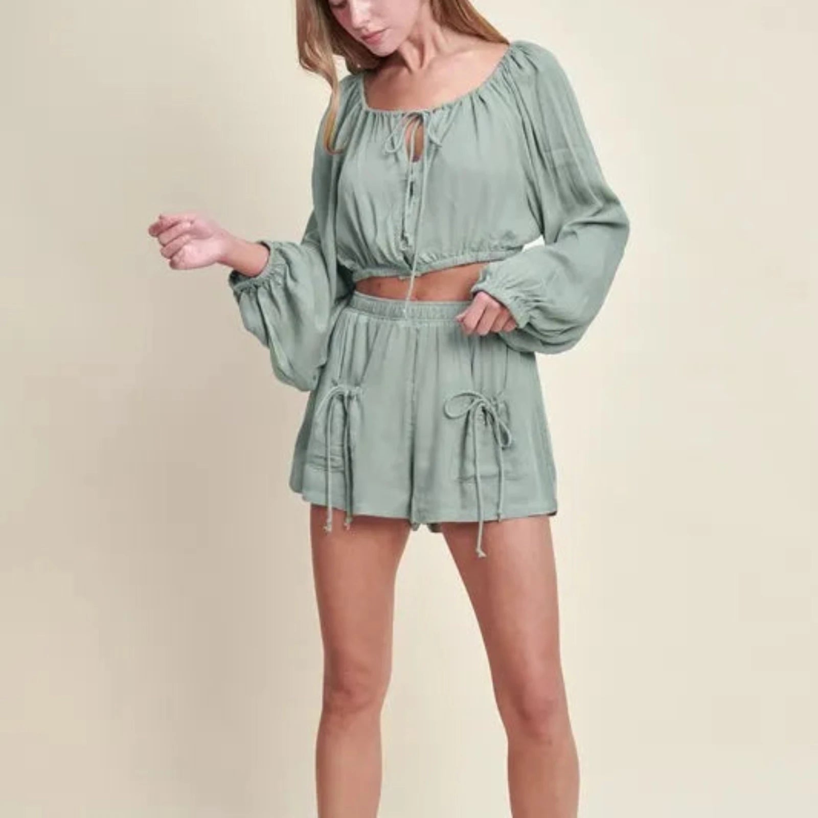 MABLE Gauze Long Sleeve Button Crop Top & Short Set - Dusty Sage-Trendsi - Solazura Boutique