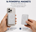 Magnetic wireless power bank attached to a compatible iPhone showing secure magnetic attachment