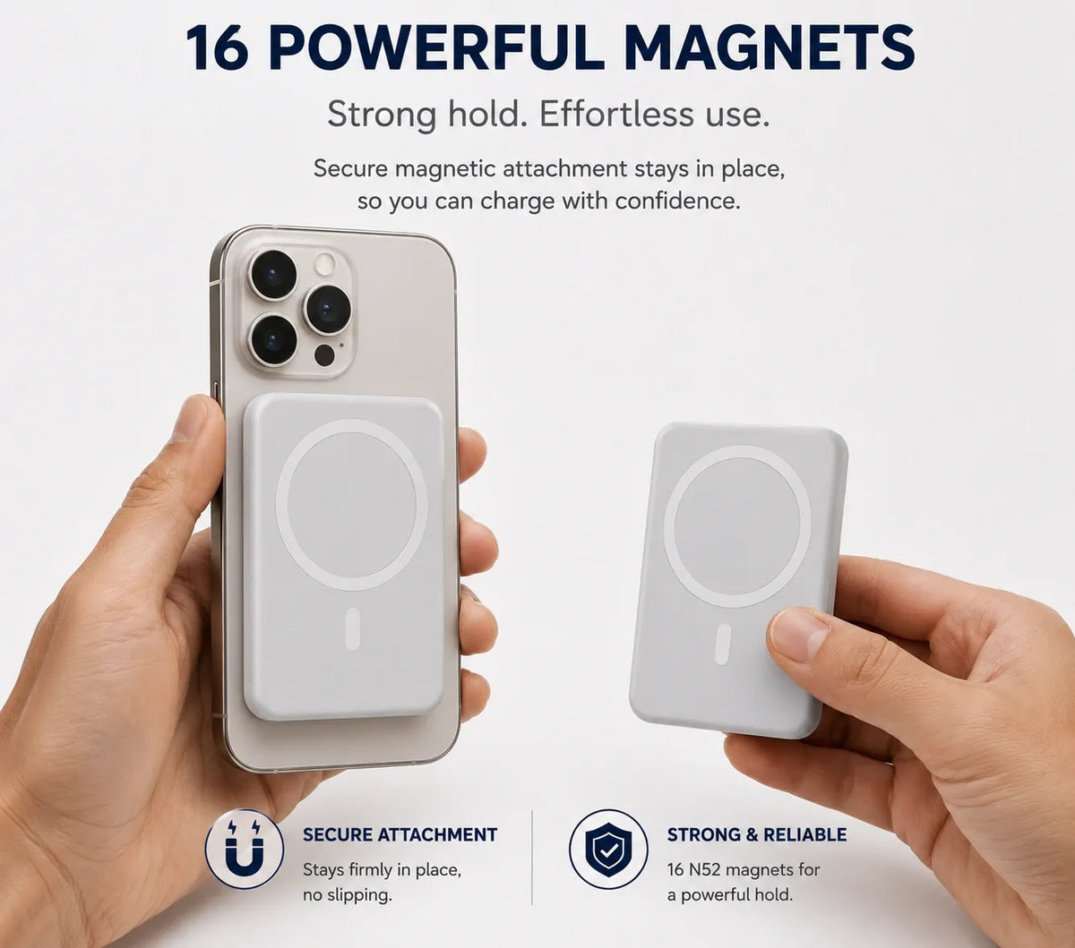 Magnetic wireless power bank attached to a compatible iPhone showing secure magnetic attachment